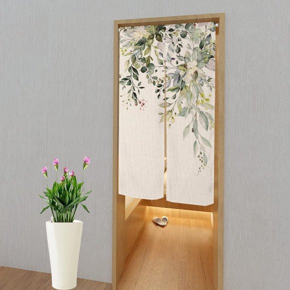 Botanical Green Leaves Flower Vines Floral Japanese Noren Curtains Asian Art New - Picture 1 of 10